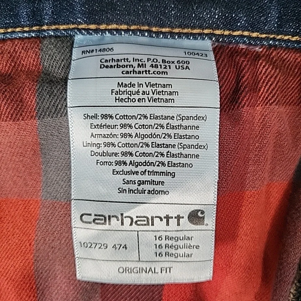 Carhartt Flannel Lined Straight Jeans Women's 16 Regular Blue Plaid Workwear‎